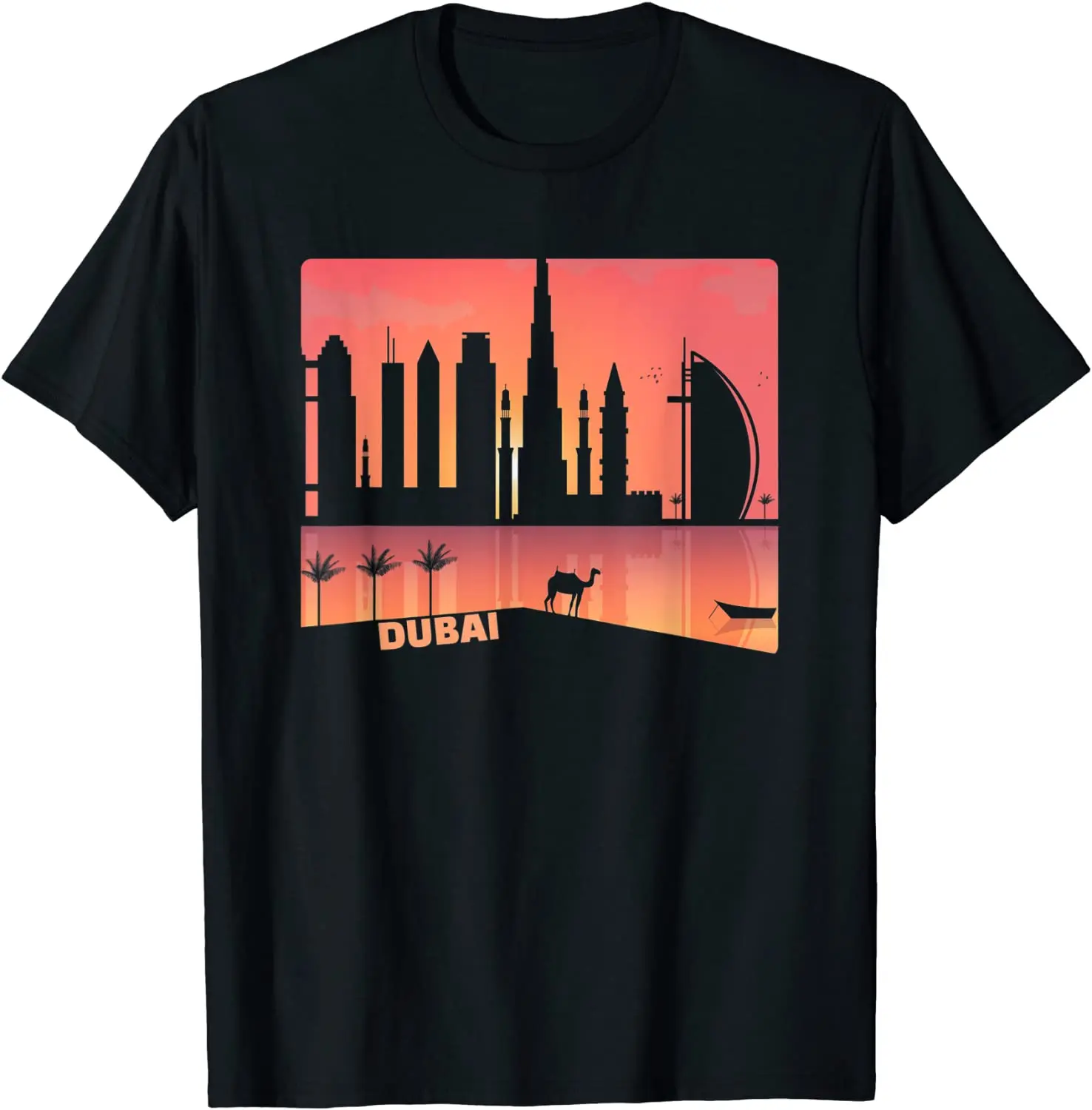 Cool Dubai UAE Cityscape Camel Graphic Art Illustration T Shirt. Short Sleeve 100% Cotton Casual T-shirts Loose Top Size S-3XL