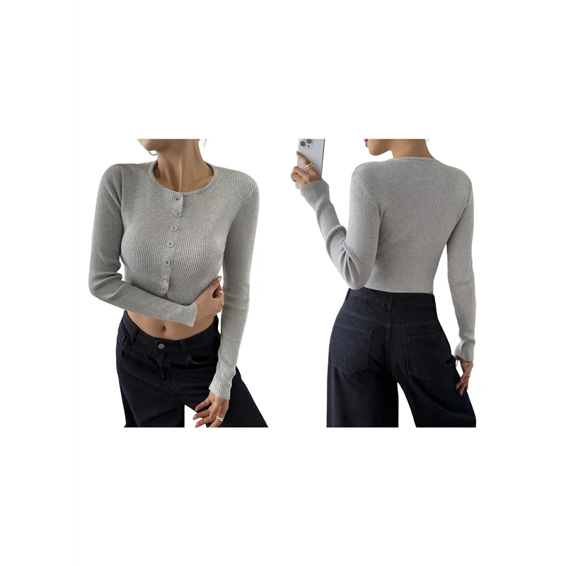 Tops de manga larga para mujer, cárdigan de otoño, camisa recortada, cuello de botón acanalado, moda bonita