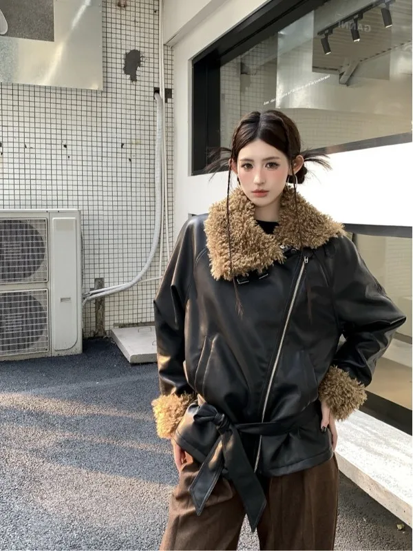 

Retro Spicy Girl Fur Collar PU Leather Jacket Women's Spring 2026 New Heavy Duty Casual Cool Biker Top Loose Fit Long Sleeve