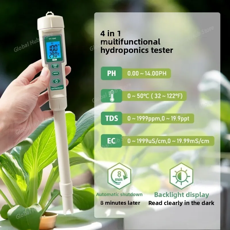 Digital PH Meter EC TDS Temp Hydroponic Nutrients Growing Monitor Waterproof Drinking Water PH Tester for Planting Food Brewing