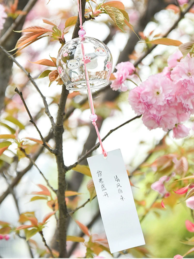 Japanese Wind Bell Handmade Glass Furin Home Spa Kitchen Office Decor Wind Chimes Hanging Craft Sakura Cherry Blossom Pattern