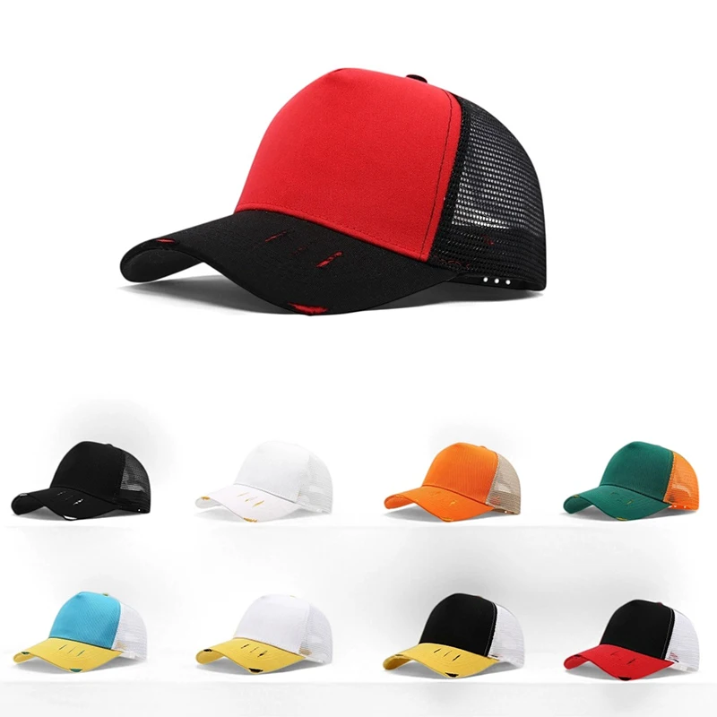 5 Panel Distressed Hole Trucker Hat Custom Logo Printing Embroidery Unisex Hip Hop Baseball Cap Fashion Versatile Advertising Pe