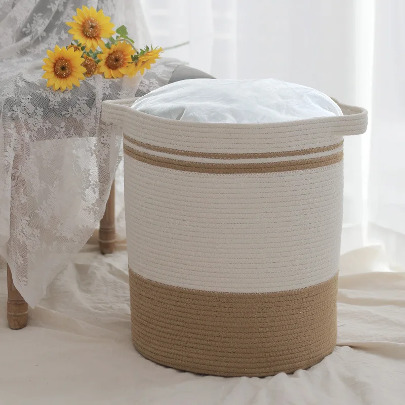 Decorative Woven Laundry Basket with Handles, Cotton Rope Storage Hamper, Living Room Bin, Toys, Pillows, Blankets, Clothes,