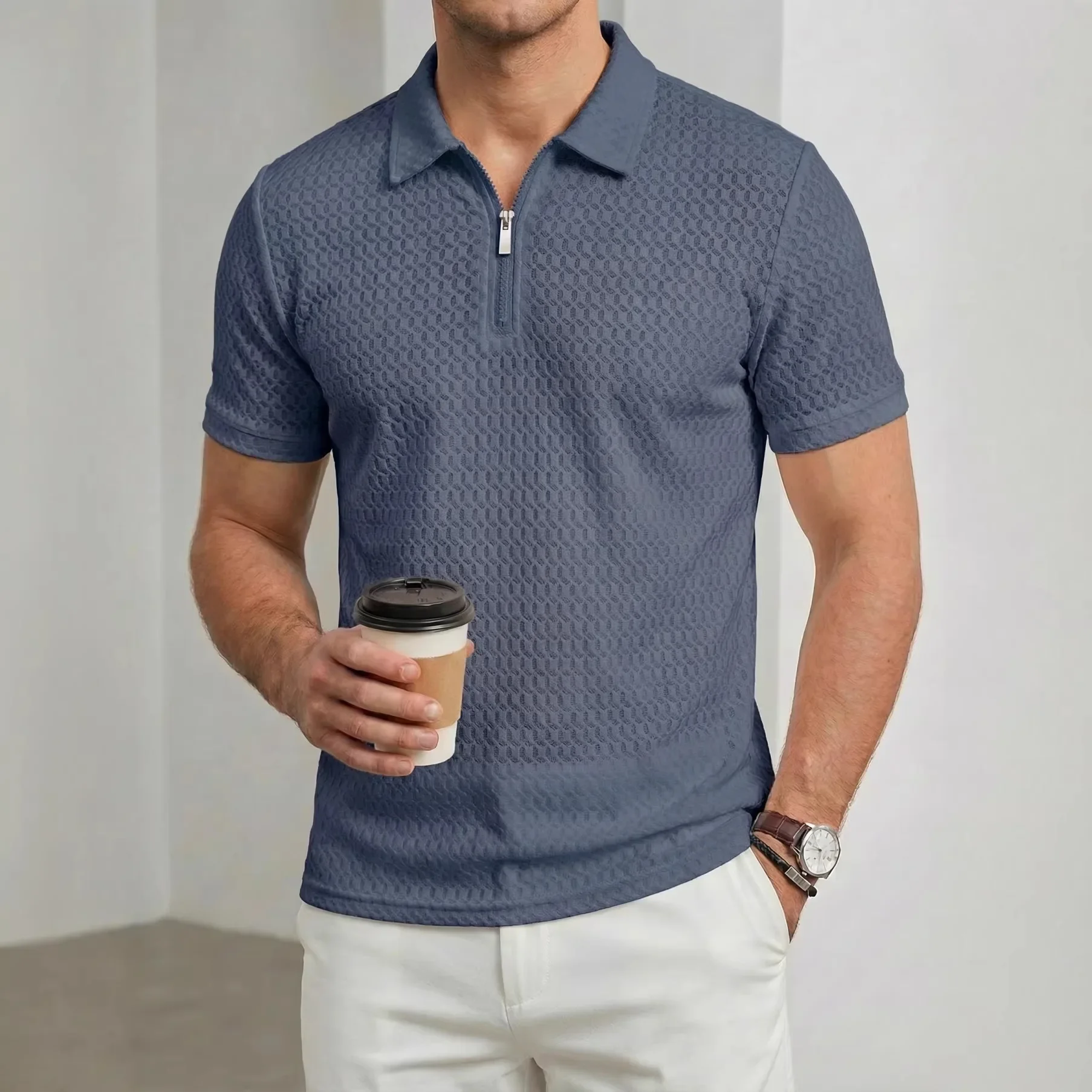 High-end Nylon Stretch Men's Lapel Zipper Short-sleeved Checkered Jacquard Casual Sports Golf Polo Shirt