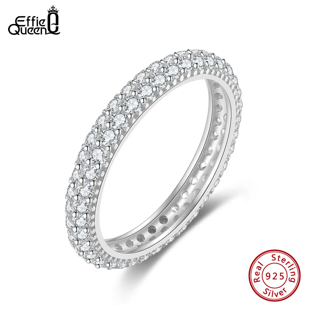 Effie Queen 925 Sterling Silver Eternity Rings 5-8 Size Double Raw Cubic Zirconia Paved Unisex Design Finger Ring Present SR320