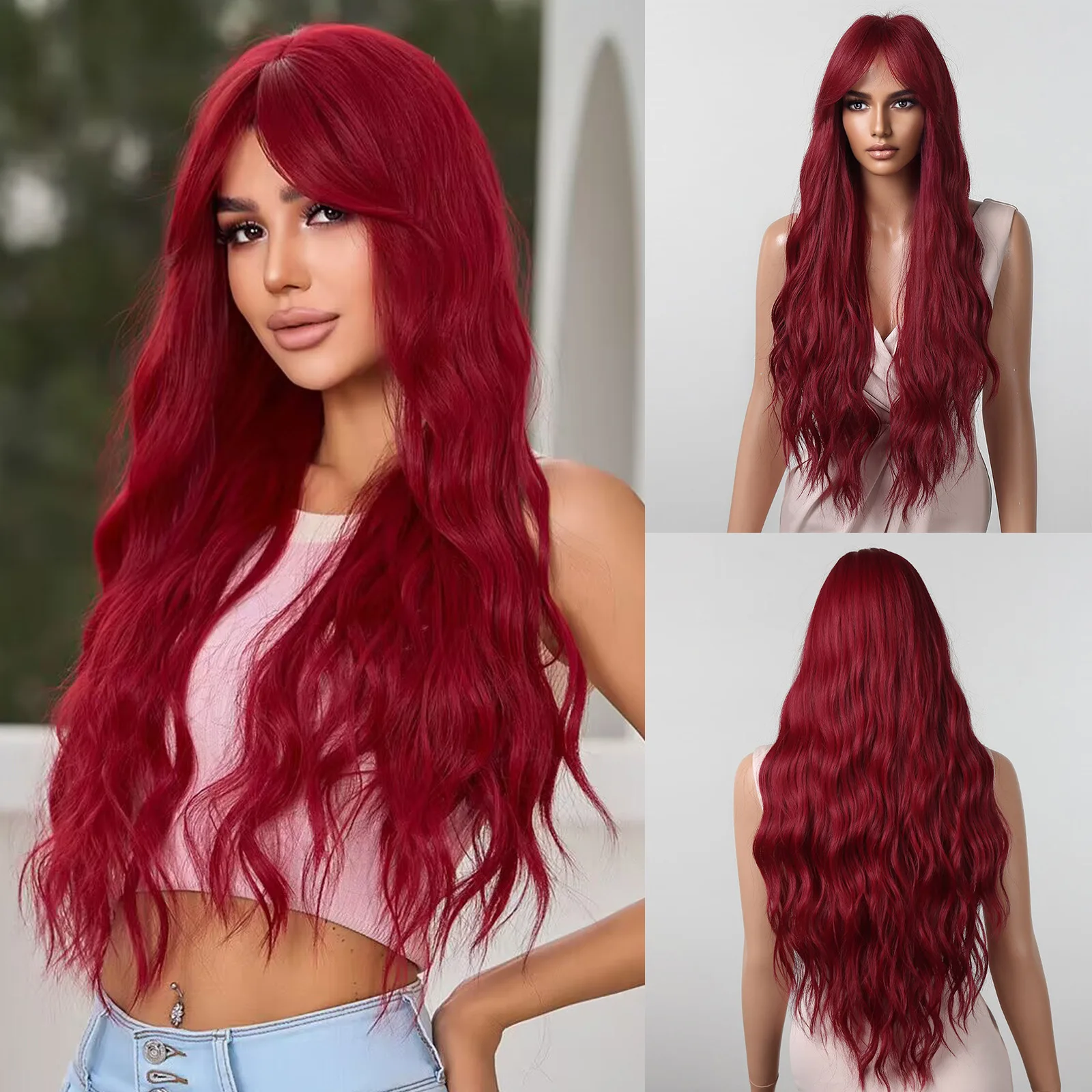 

European and American style cosplay small roll eight-character bangs rose red long curly hair big wave full headgear realistic,