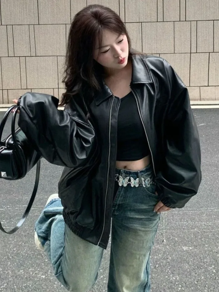 블랙 폴로 칼라 가죽 자켓 여성을위한 하이 엔드 롱 가죽 코트 한국 스타일 느슨하고 세련된 가죽 자켓