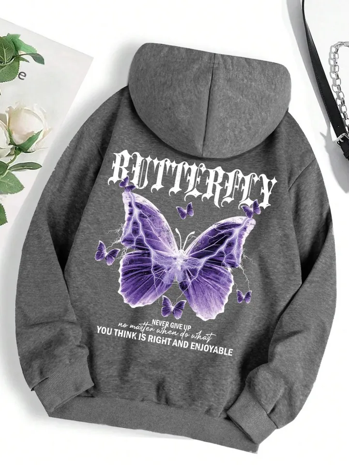Hoodie Femme Papillon Oversize à Capuche – Sweat Plaid Douillet Automne/Hiver Grande Taille