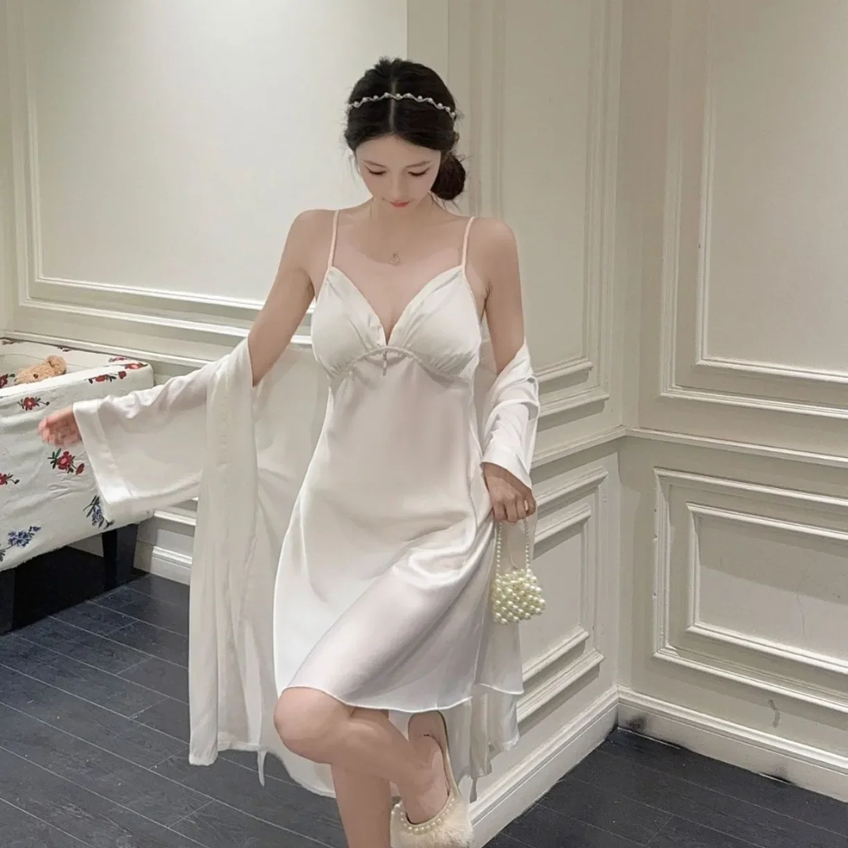 

Тонкий халат, женское короткое кимоно, одежда для сна, сексуальная атласная ночная рубашка на тонких бретельках, комплект из 2 предметов, соблазнительное нижнее белье, новое летнее кимоно