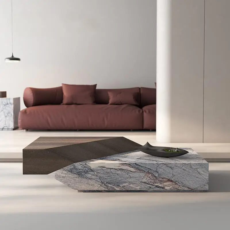 # Minimalistyczny włoski stolik kawowy - designerski stolik centralny z naturalnego travertynu, ekologiczny, luksusowy, na zamówienie, do salonu (zgodny z normami ENF)