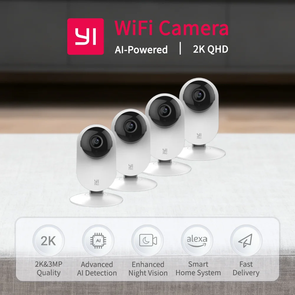 Kit de cámara 2K para interiores, cámaras inalámbricas de seguridad para el hogar WiFi 2,4G de 3MP, fácil configuración, visión nocturna IR, detección AI YI Pro