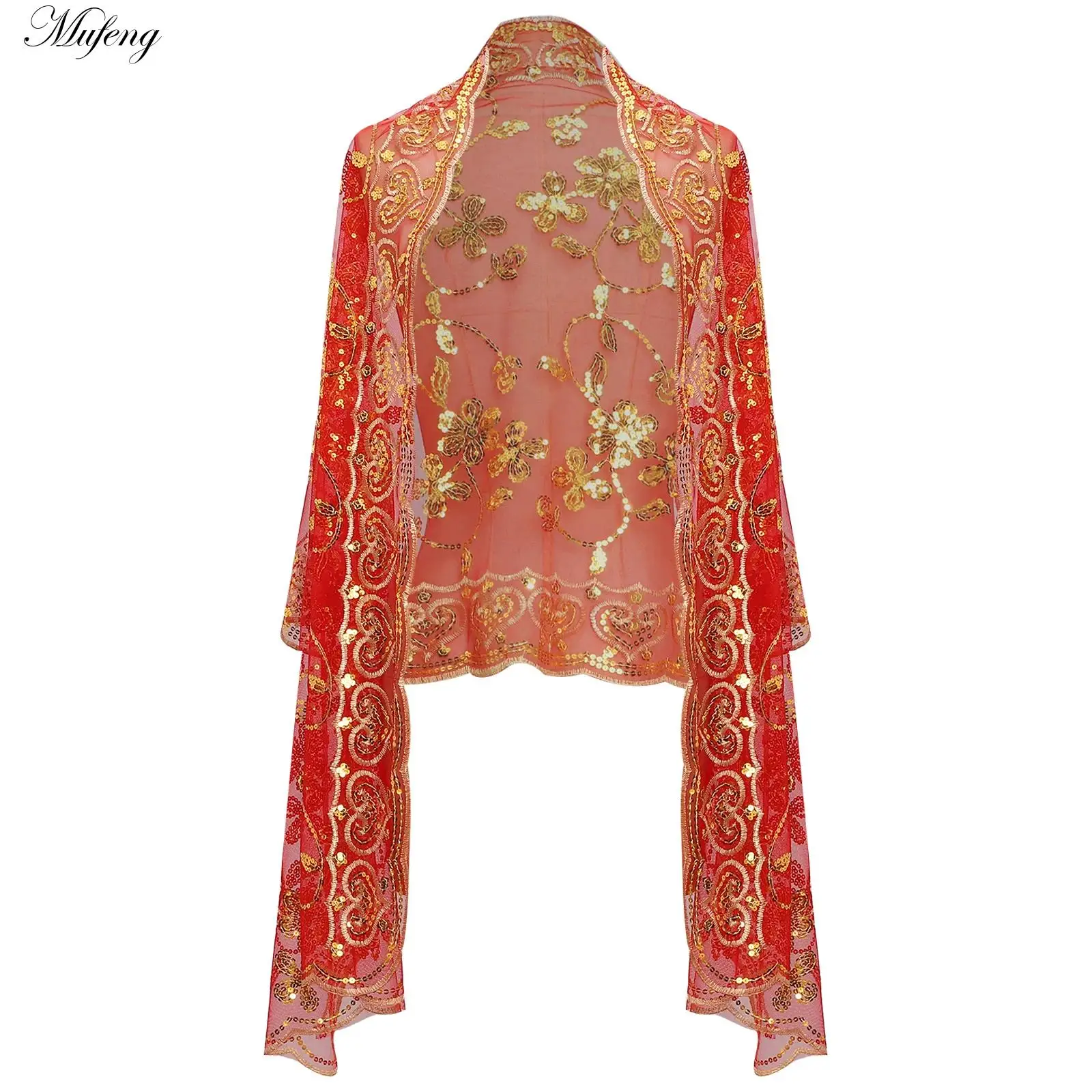 Women Sequins Embroidery Mesh Scarf Shawls Wrap Vintage Shoulder Shrugs Cape Dress Decora Accessories for Party Gowns Cheongsam