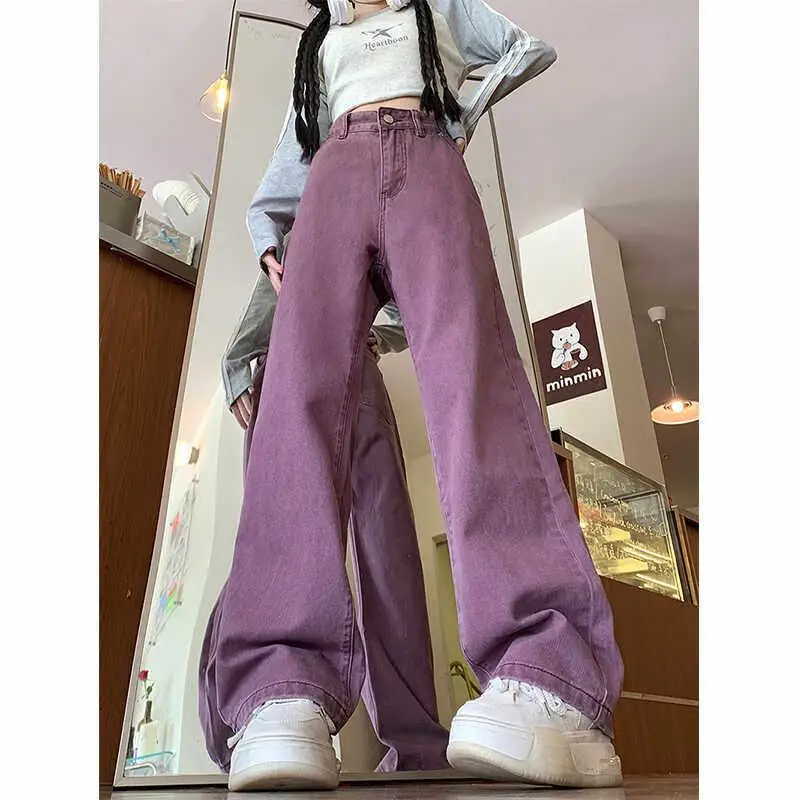 Calças Jeans Roxas de Perna Reta Solta para Homens e Mulheres, Estilo High Street, Calças Largas Micro Flare, Jeans Casuais D...
