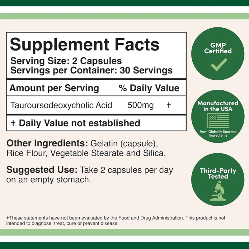 Suplemento de suporte para fígado de sal biliar Tudca, 500 mg, suplemento de limpeza de fígado e vesícula biliar 60 cápsulas, 250 mg com sabor amargo