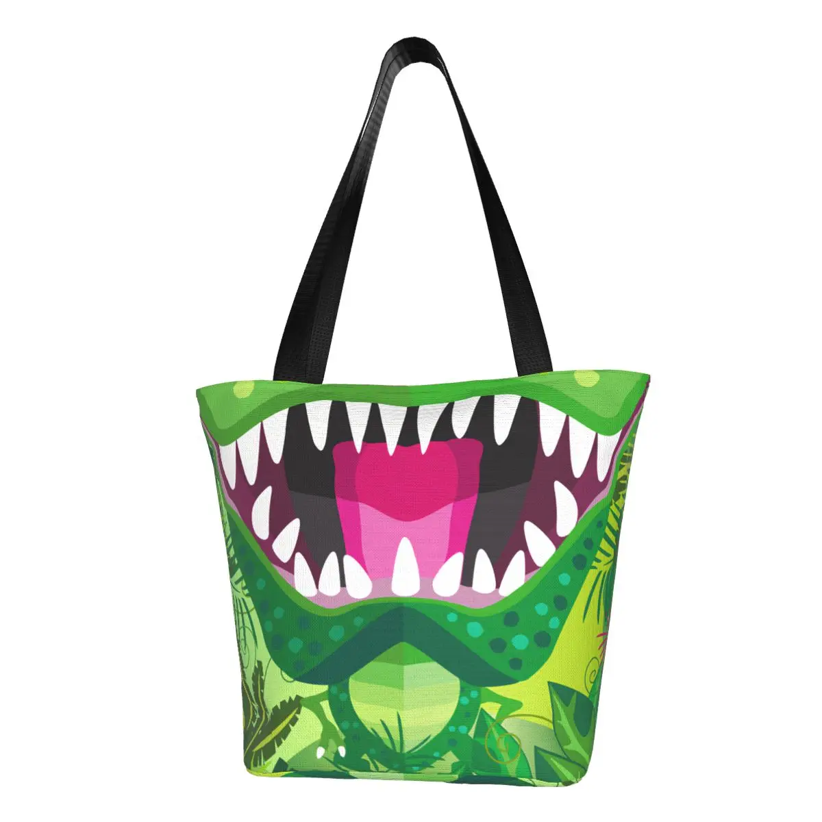 Custom Jungle Dinosaur Mouth Canvas Shopping Bag Women Washable Groceries Animal Shopper Tote Bags