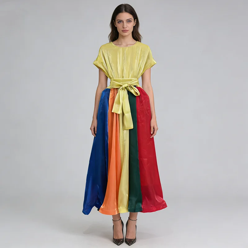 

026 Модное атласное платье макси в радужную полоску - желтый верх с поясом-бантом, короткий рукав, А-силуэт, женское, для вечеринок