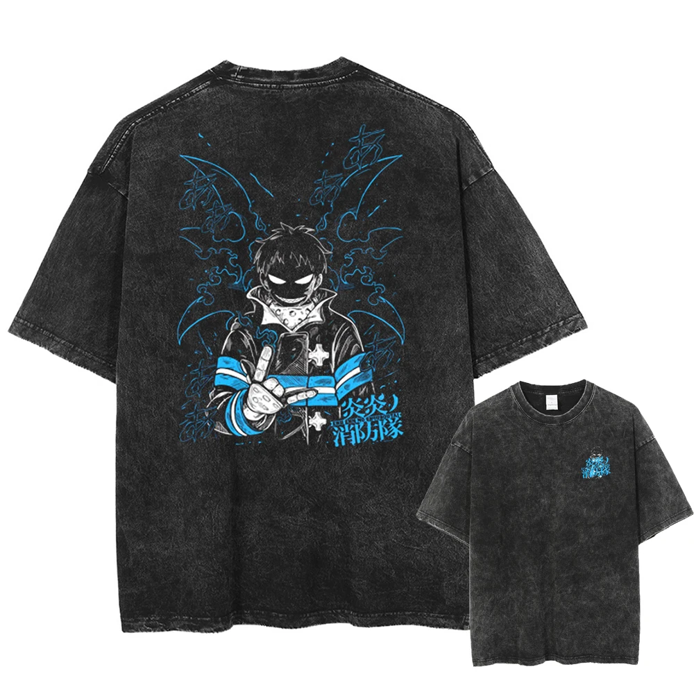 Fire Force Shinra Kusakabe Graphic T-shirt Vintage Washed Anime Merch Harajuku Unisex Oversized Crew Neck Cotton Sleeve Tee Tops