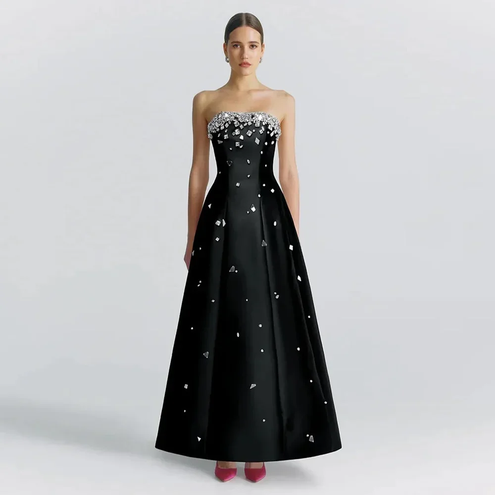 Sexy Black Prom Dress Crystals Strapless Sleeveless A Line Satin Evening Dresses with Pockets Ankle Length Cocktail PartySY-008