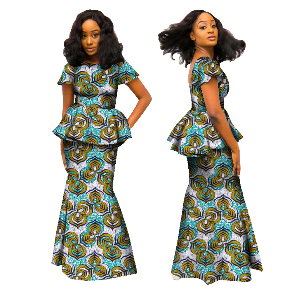 Bintarealwax African Skirt for Women Dashiki Backless O-Neck Short Sleeve Tops & Long Skirt 2 Pieces Set Africa Clothes WY1695
