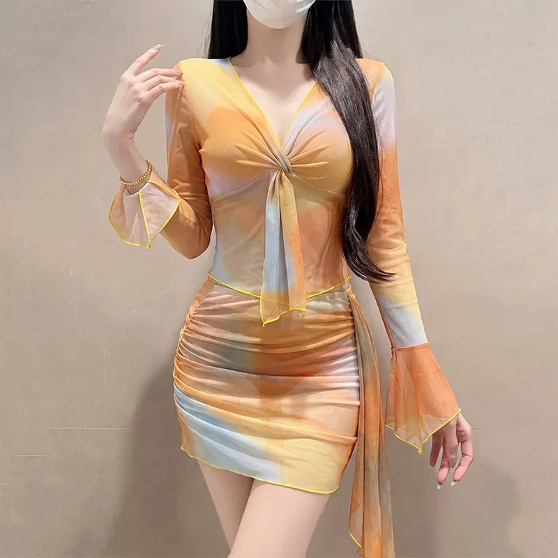

Elegant Gradient Sheer Mesh Two Piece Swimsuit Cover Up Twist Front Flare Sleeve Ruched Mini Dress for Women Beach Vacation