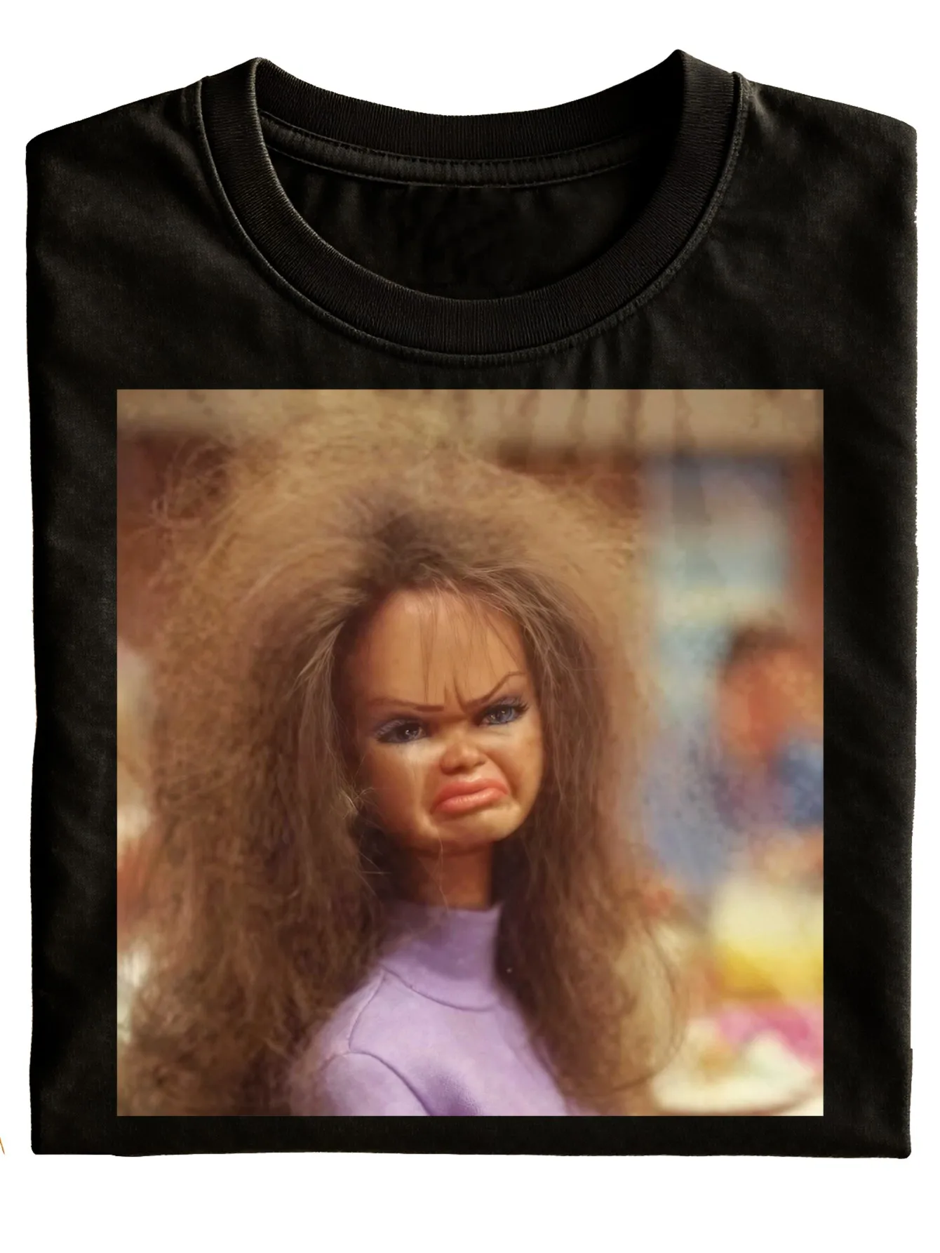 A Trendy And Humorous T-Shirt Featuring a Doll Face Print, Designed for Both Men And Women. This Black Casual Tee Showcases a Vintage Doll Graphic, Perfect for Daily Use Or As a Holiday Present. Made from, Plus Size