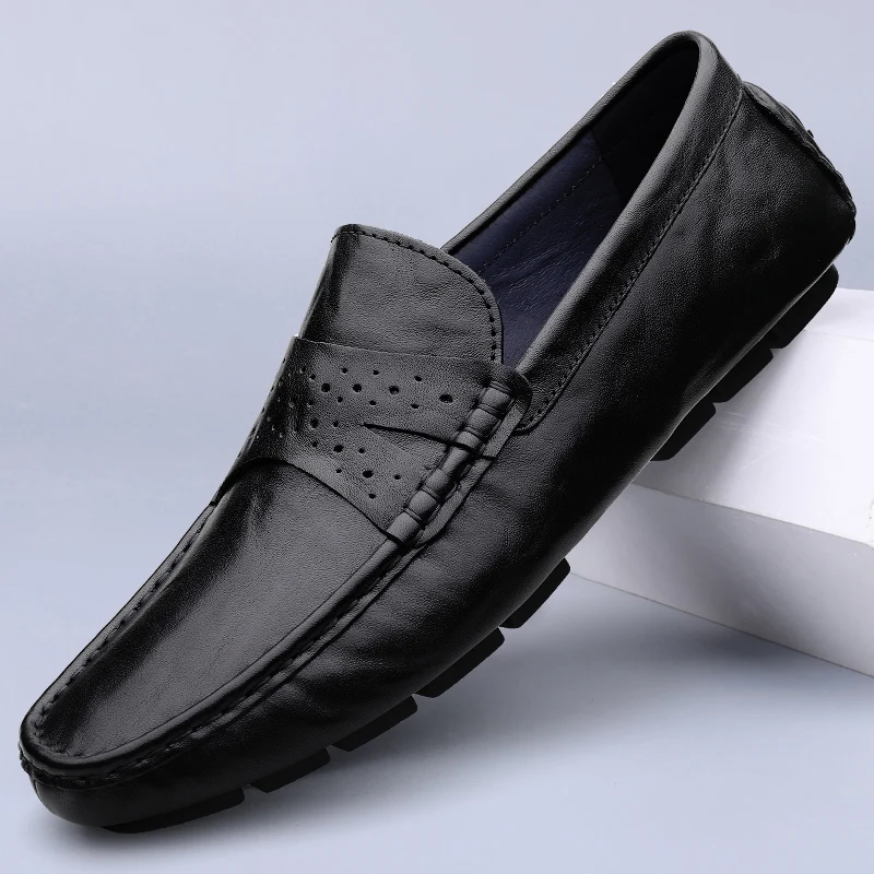 

Мужская офисная повседневная обувь из натуральной кожи, дизайнерские черные, коричневые мужские лоферы без шнуровки, нескользящие дышащие туфли на плоской подошве для вождения, прогулочная работа