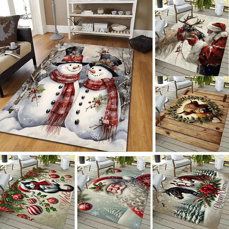 Festive Winter Floor Rug Vintage Christmas Snowman Santa Reindeer Holiday Stylish Decor Area Rug for Living Space Home Ornament