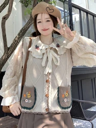 Autumn Kawaii Knitted Sweater Cardigan Women Flower Embroidery Coat Tops Korean Fashion Sleeveles Cute Knitwear Mujer Ins 2023