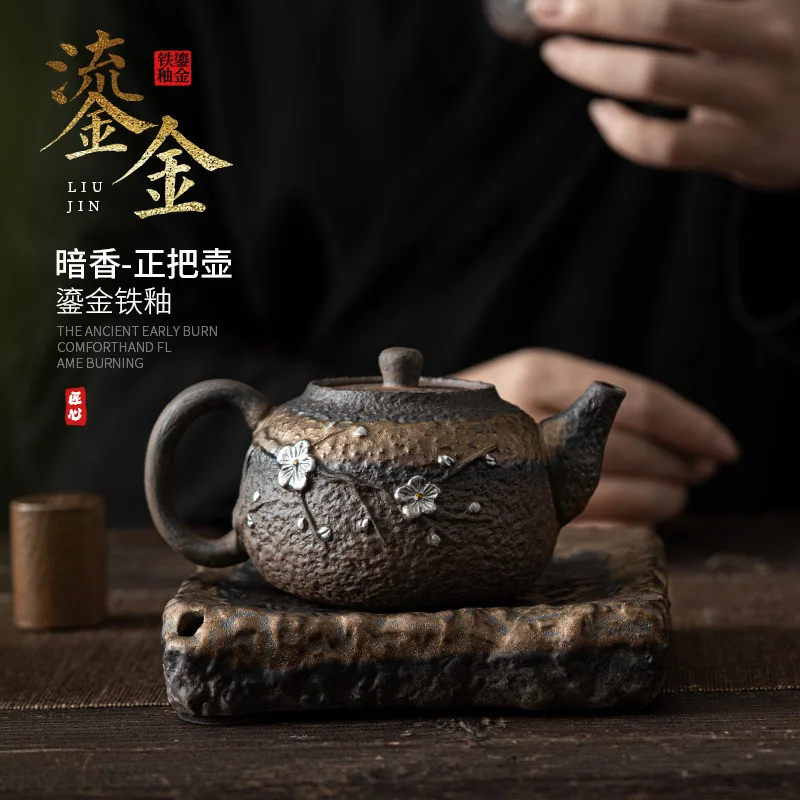 

Rough Pottery Teapot Hand-gilt Silver Tea Infuser Japanese Ceramic Kung Fu Tea Set Teapot Small Single Pot