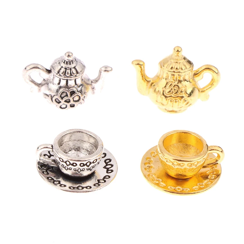 Juego de taza de tetera en miniatura para casa de muñecas, platillo de té de Metal, modelo de cocina, accesorios para Decoración de casa de muñecas, juguetes para niños, 1 Juego, 1:12