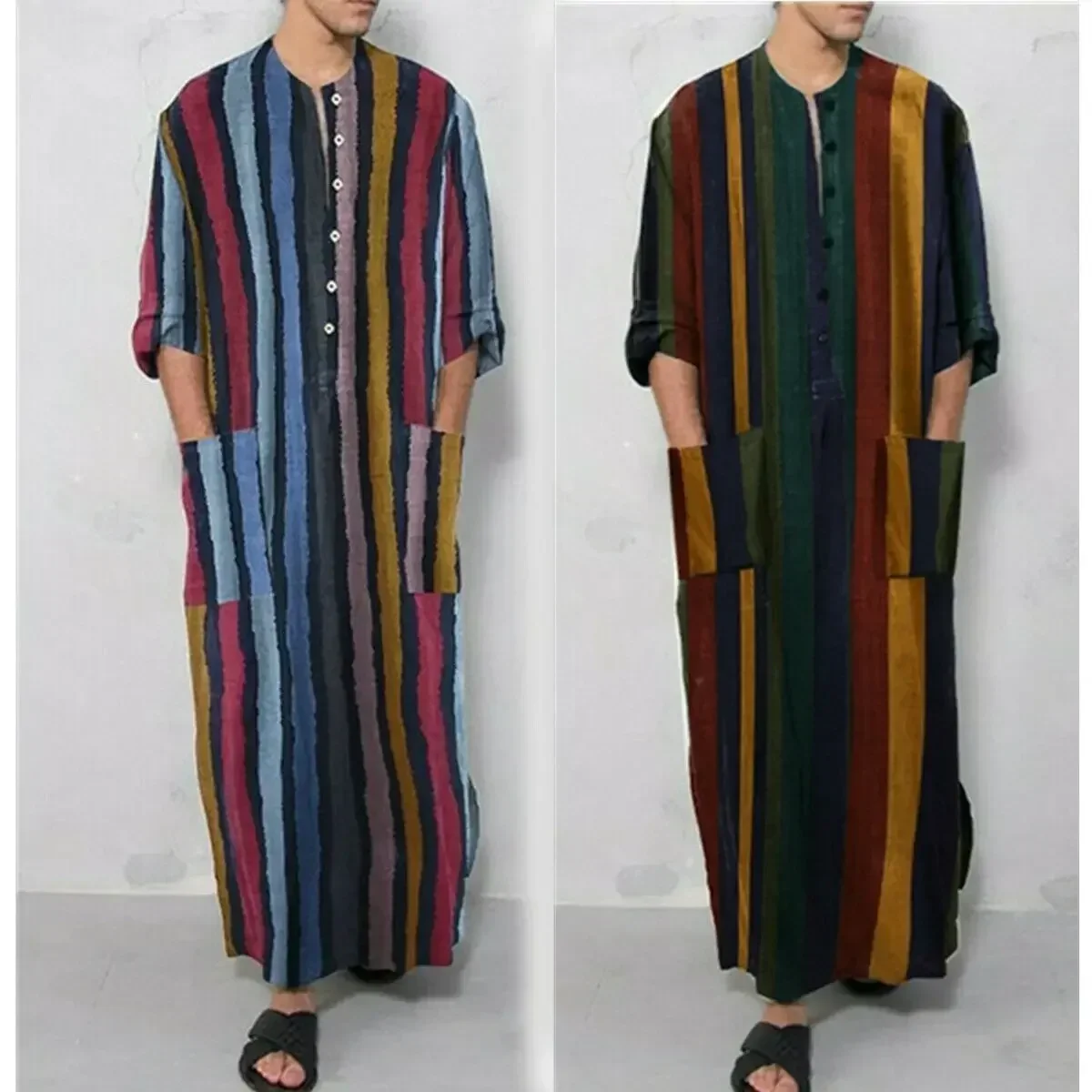 Baju tidur pria, kaus katun Linen asli, baju tidur lengan panjang, Kaftan liburan pantai, Kaftan Arab, pakaian rumah