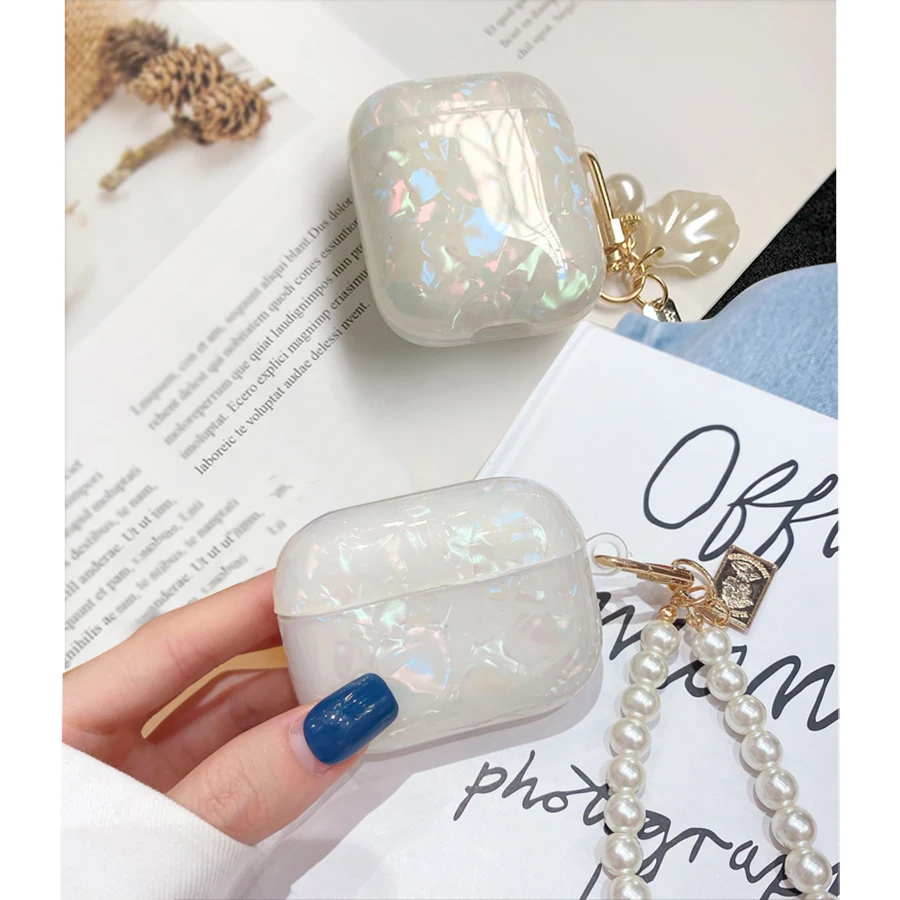 

Colorful Shell Pattern Earphone Cases for Airpods 4 3 2 1 Pro 2 Air Pods Funda Pearl Pendant Keychain Fashion Soft Cover