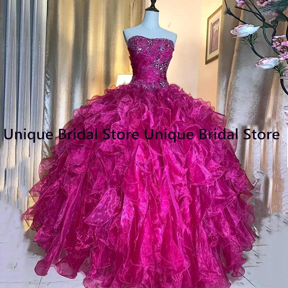 Fuchsia Ball Gown Quinceanera Dresses Sweetheart Sleeveless Beads Applique Ruffles Organza Sweet 15 Year Gown Birthday Dress