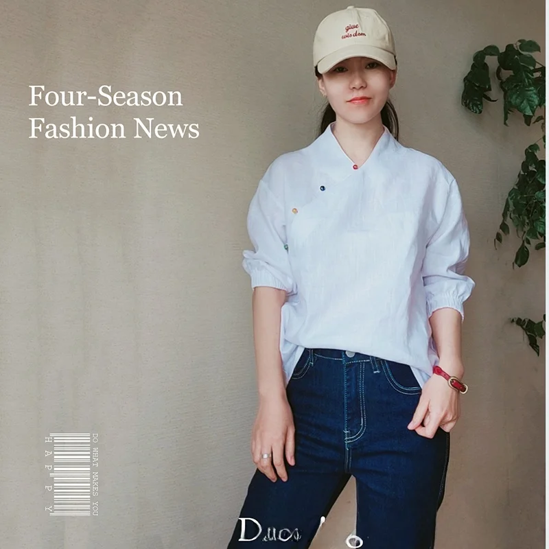 

CaiDou Spring Summer New Retro Linen irt with Slanting Sve Design And Crew Ne Pure Color Commute Sle Women's Top