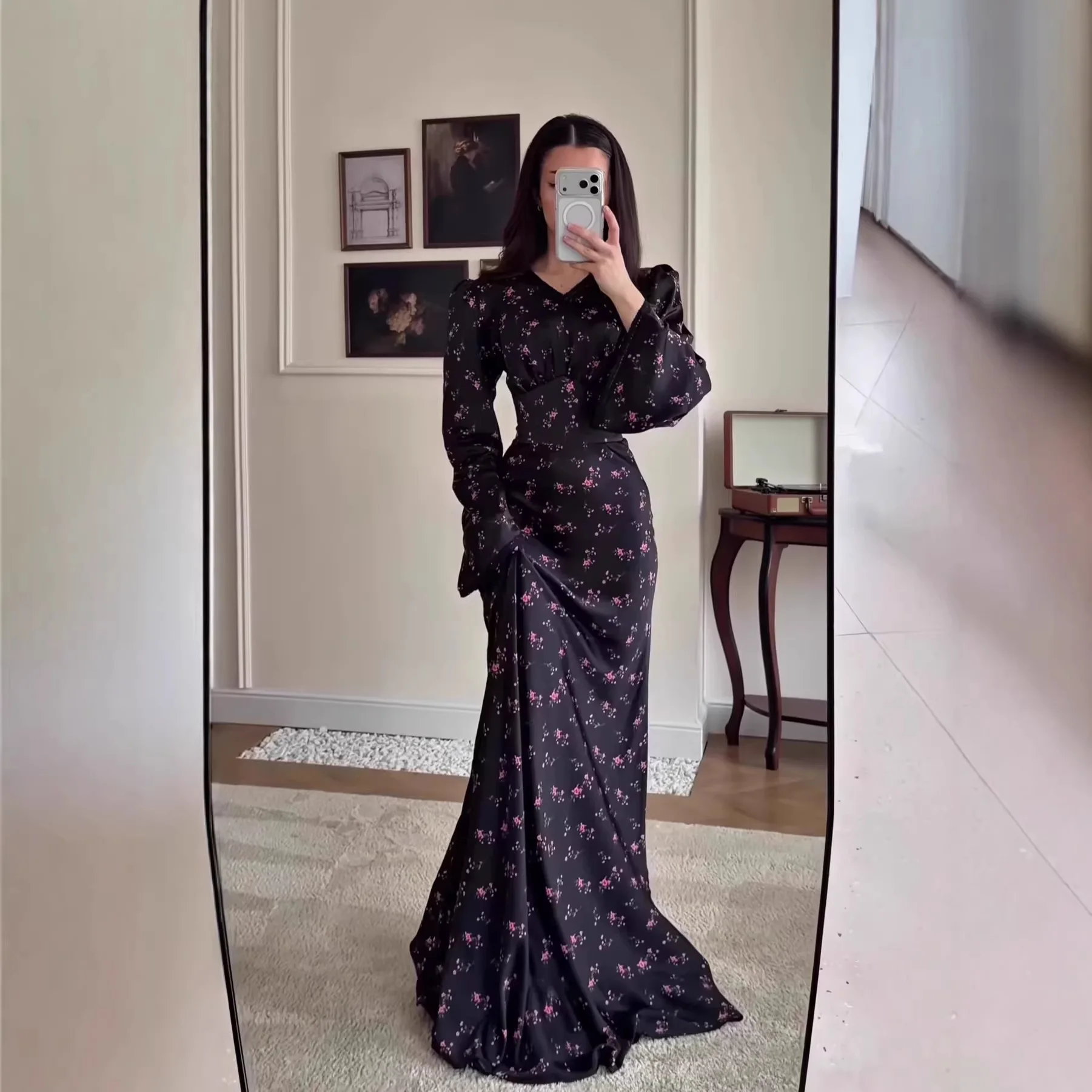 

2026 Spring Slim-fit Elegant Long-sleeve Floral Long Dress 2026 Muslim Long Dress Robe Abaya Ramadan Dubai Luxury Islam Elegant