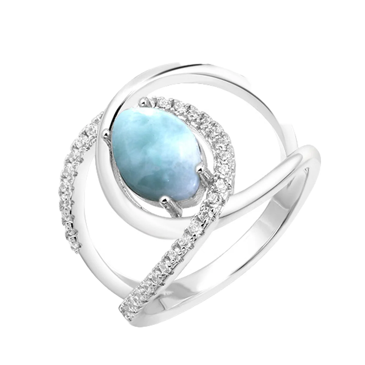

JieLing Silver-Toned Copper Ring with Larimar Stone Unique Blue Gemstone Halo Ring Sparkling Jewelry Gift for Women