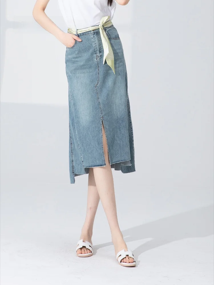 

Летняя новинка Dailanzhi: джинсовая юбка-миди с высокой талией, поясом, пуговицами и вставками, А-силуэт, для офиса и повседневной носки