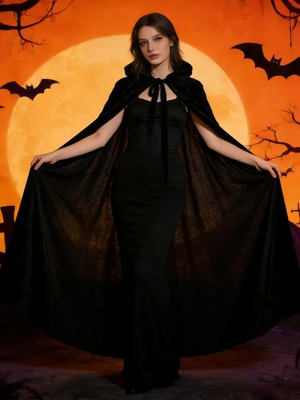 

Halloween Velvet Shoulder Shawl Witch Costume Black Medieval Movie Performance Women's Fashion Traditional Chinese Cl...