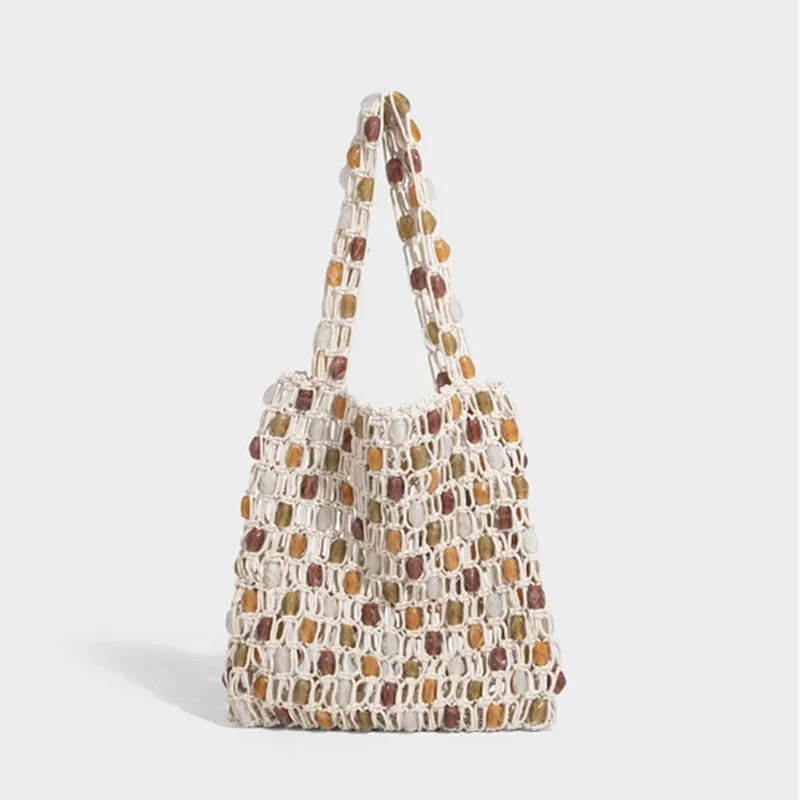 Summer New Casual Beaded Bag for Women, Fashionable High-End Woven Handbag with Lattice Hollow-Out Wooden Beads, Beach Bag