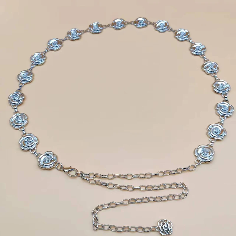 

1 шт., золотой, серебряный цветок розы, металлическая цепочка, пояс для женщин, тонкие блестящие джинсовые украшения для платья