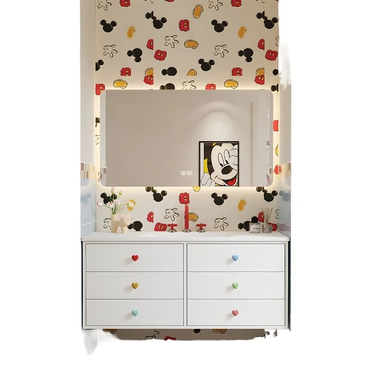 

New ceramic integrated basin dopamine cream style rubber wood folding mirror cabinet bathroom cabinet customization