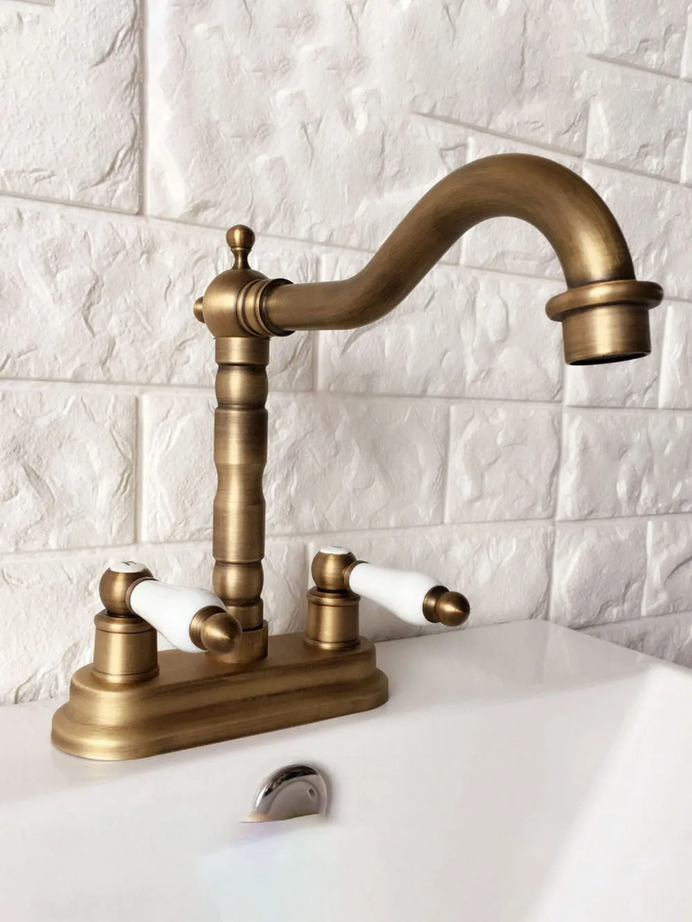 Antique Brass 4" Centerset Bathroom Sink Faucet Swivel Basin Mixer Tap Dual Ceramic Handles Levers man065 image 4