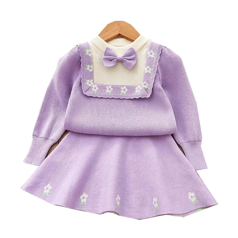 Girls Suits Long Sleeve Kids Sweaters Bow Kids Wear Knitted Pullover Top Skirt Clothing Suit for Children Baby Girl Sets 2-6Yrs