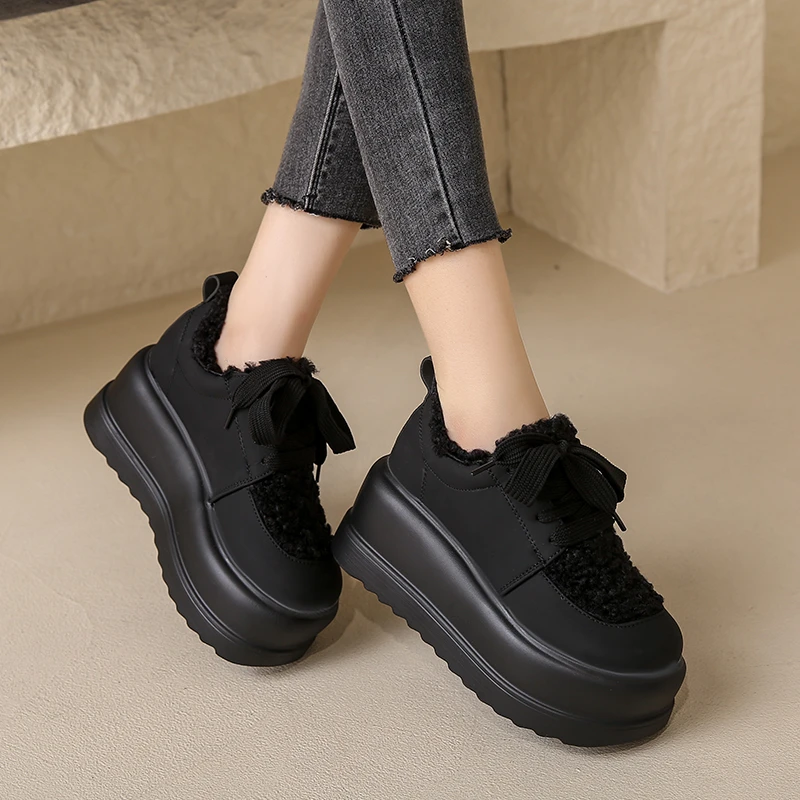 New Winter Warm Casual Leather Shoes 7.5CM Heels Women High Platform Fur Sneakers Thick Sole Plush Sport Dad Shoes Zapatos Mujer