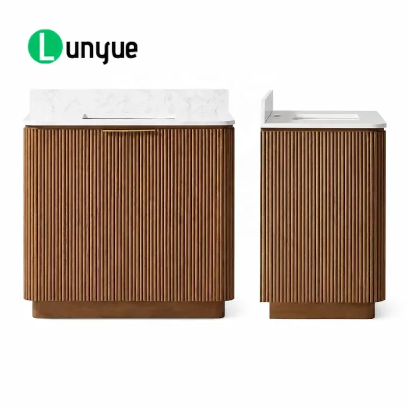 Modern Luxury 39 Inch Walnut Fluted Wood Bathroom Vanity Cabinet Single Sink with Marble Top for Villa Hotel Project