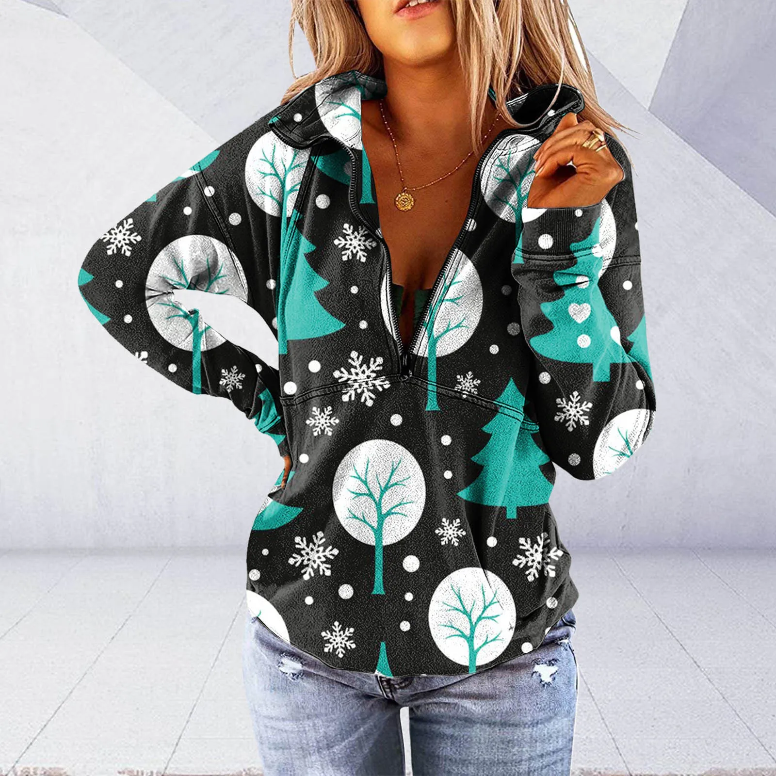 Women Christmas Hlaf Zipper Stand Collar Sweatshirt Fashion Snowflake Santa Claus Tree Print Versatile Pullover Tops y2k Clothes