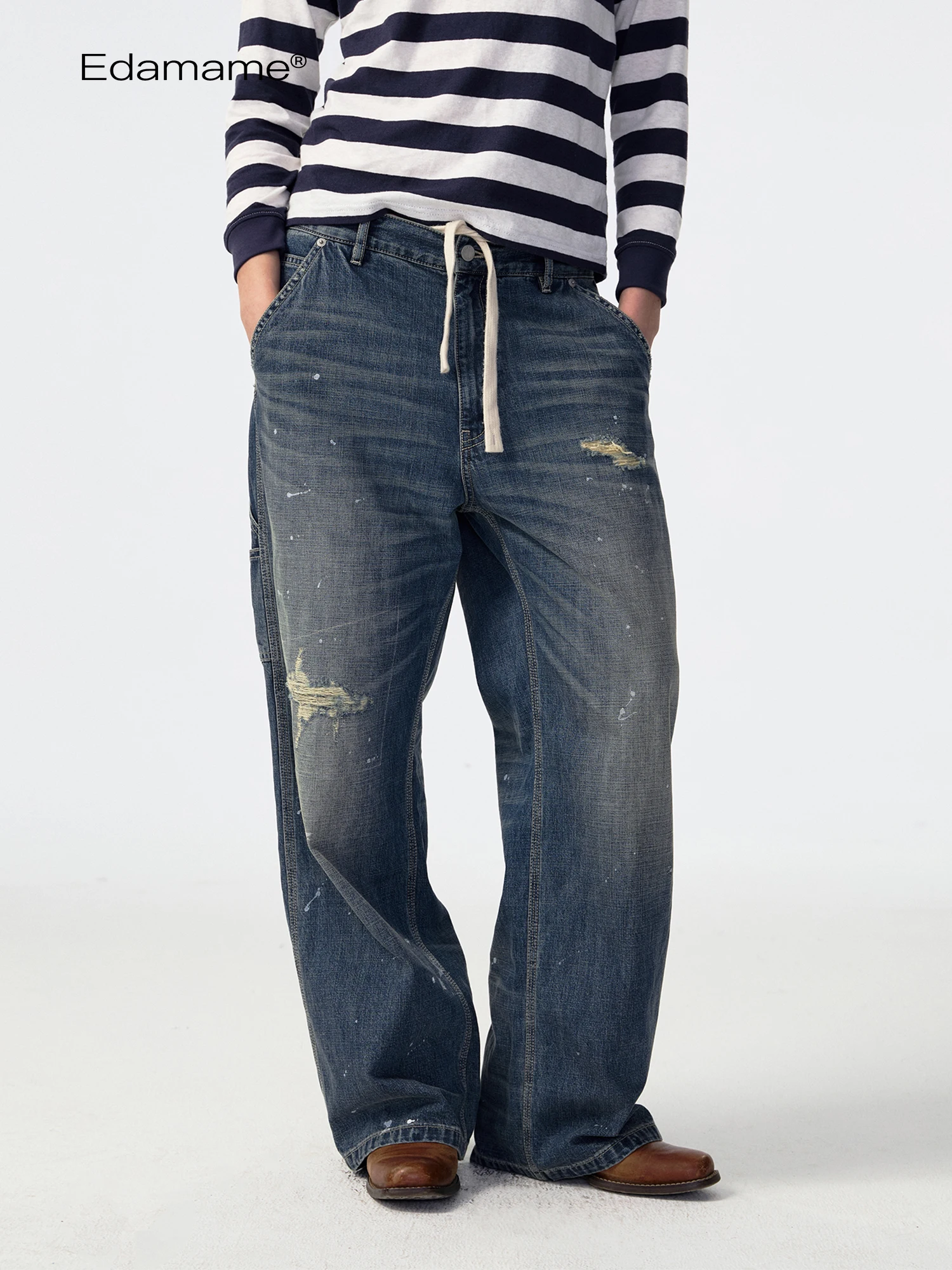 

Retro Distred Ink Splatter Loose Low Waist Dstring Straight Leg Jeans EMM Women's Casual Cotton Trousers