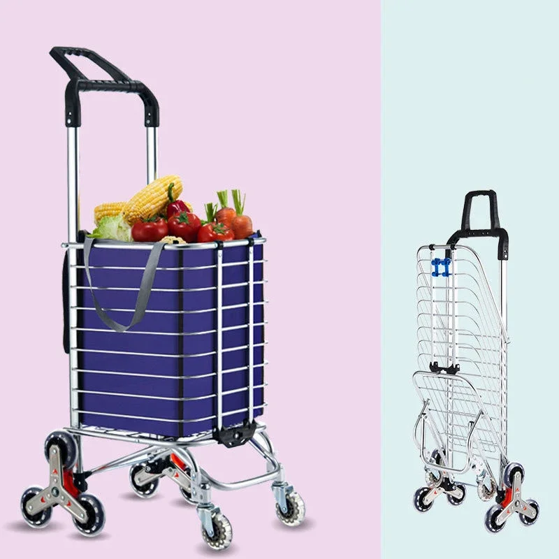 

Grocery Cart Folding Portable Shopping Aluminum Alloy Lightweight Step Climbing Trolley with Telescopic Rod 35L Big Capacity