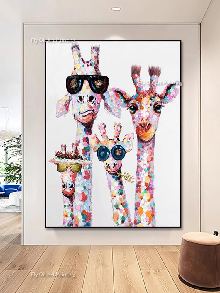 Living Room Home Decor Handpainted Oil Painting Colorful Giraffe Animal Family Oil Painting Cuadros For Kid Wall Art Picture