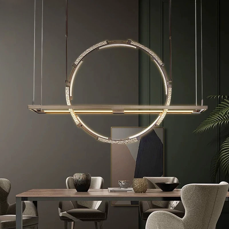 Luxury Geometric LED Chandelier Linear Circular Crystal Pendant Light Modern Metal Hanging Lamp for Dining Room Kitchen Island